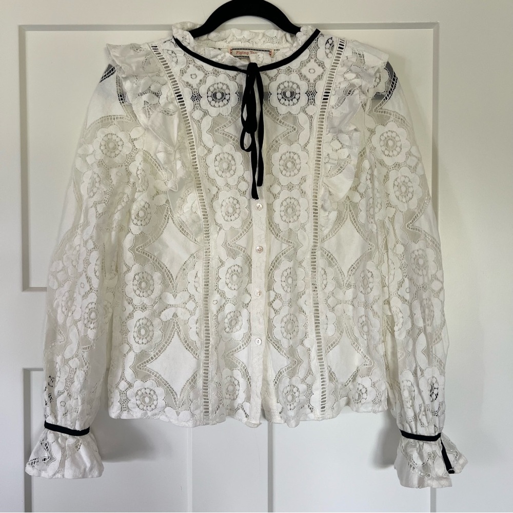Ruffled White Lace Button Down Blouse Size Medium